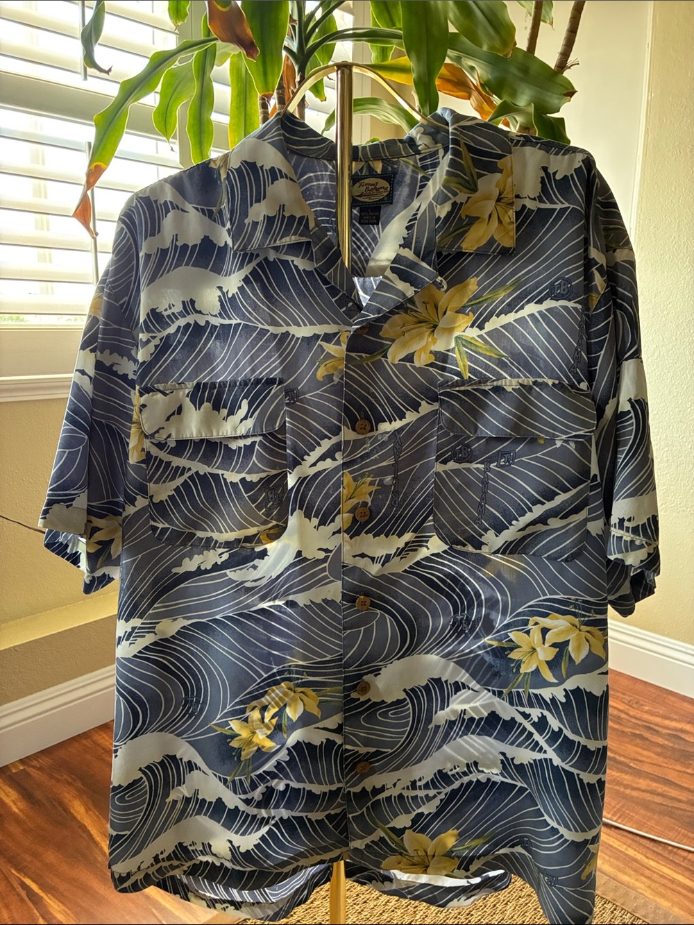 Tommy Bahama Navy Blue Hawaiian Shirt with Yellow Floral